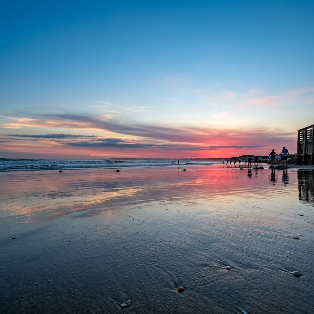 Atardecer rosado sobre la playa con el cielo reflejado en la arena mojada