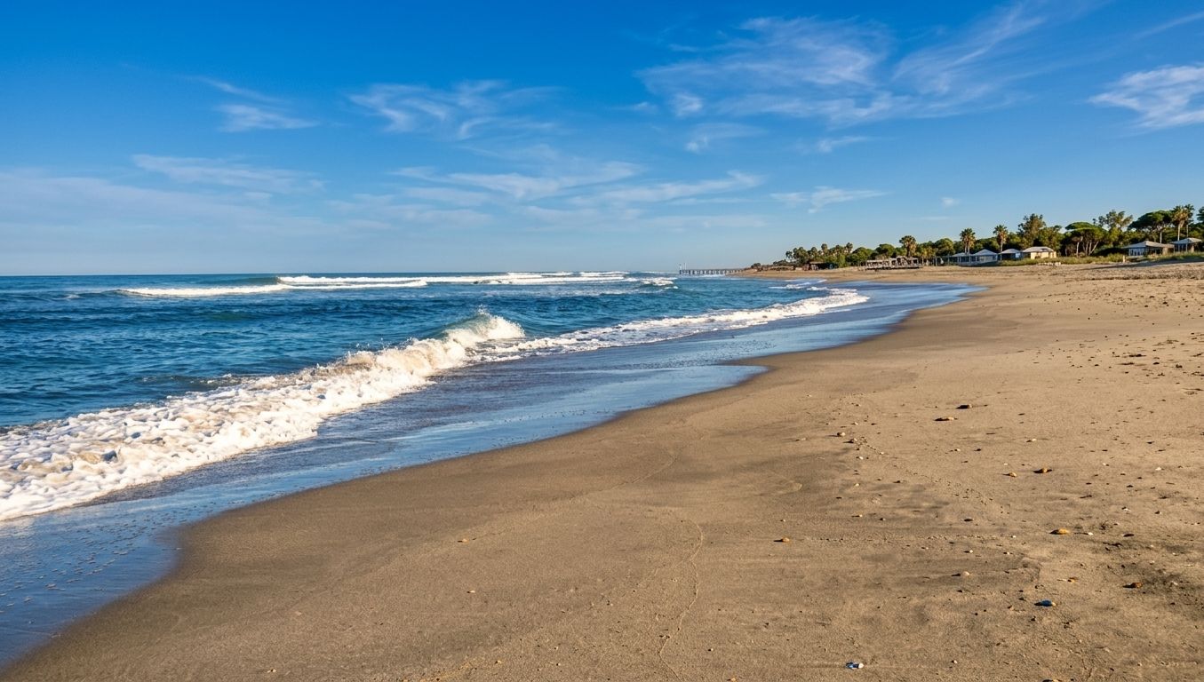 Playa de arena con olas bajo un cielo azul