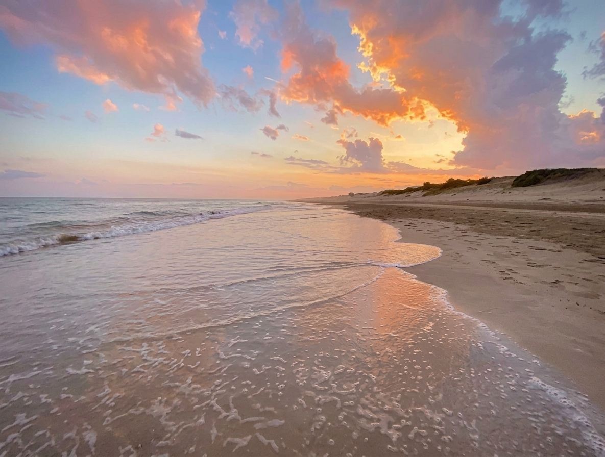 Orilla al atardecer con nubes rosadas y doradas